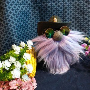 Gnome Cowboy with Purple Beard, Whiskey Bottle and Glasses Stands 6.5"T X 4.5"W